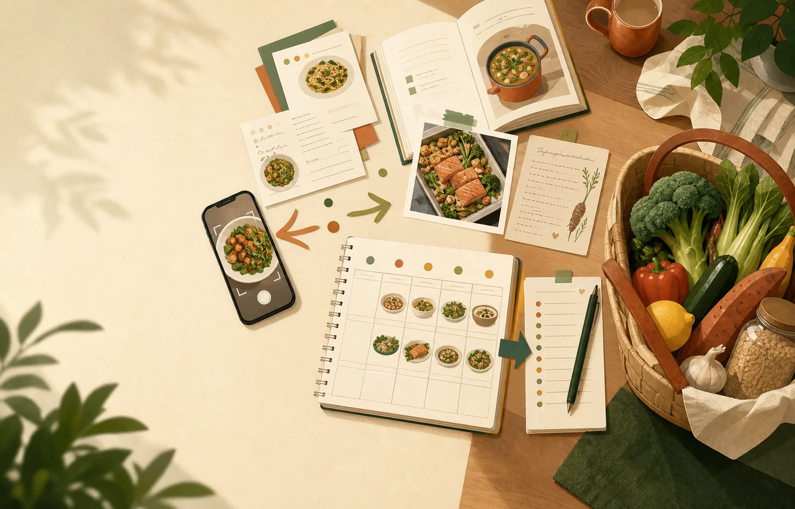 Recipe cards and a scanned recipe flowing into a weekly meal plan, grocery list, and basket of groceries.