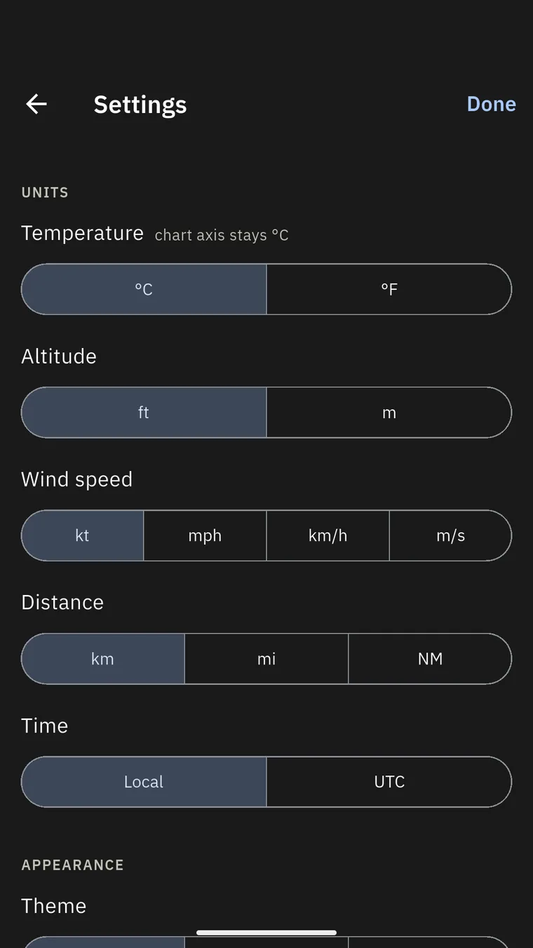 The units section of settings — temperature in Celsius or Fahrenheit, altitude in feet or metres, wind speed in knots, mph, km/h or m/s, distance in kilometres, miles or nautical miles, and time local or UTC.