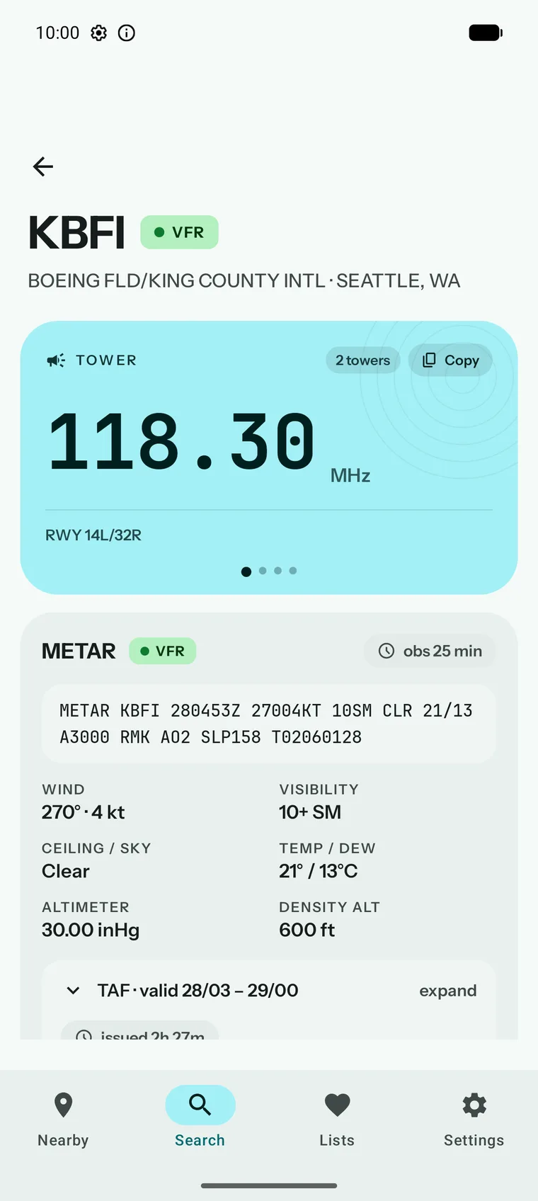 Boeing Field's airport screen — the tower frequency 118.30 fills a large readout, and beneath it a decoded METAR gives wind, visibility, ceiling and density altitude beside a 25-minute observation age.