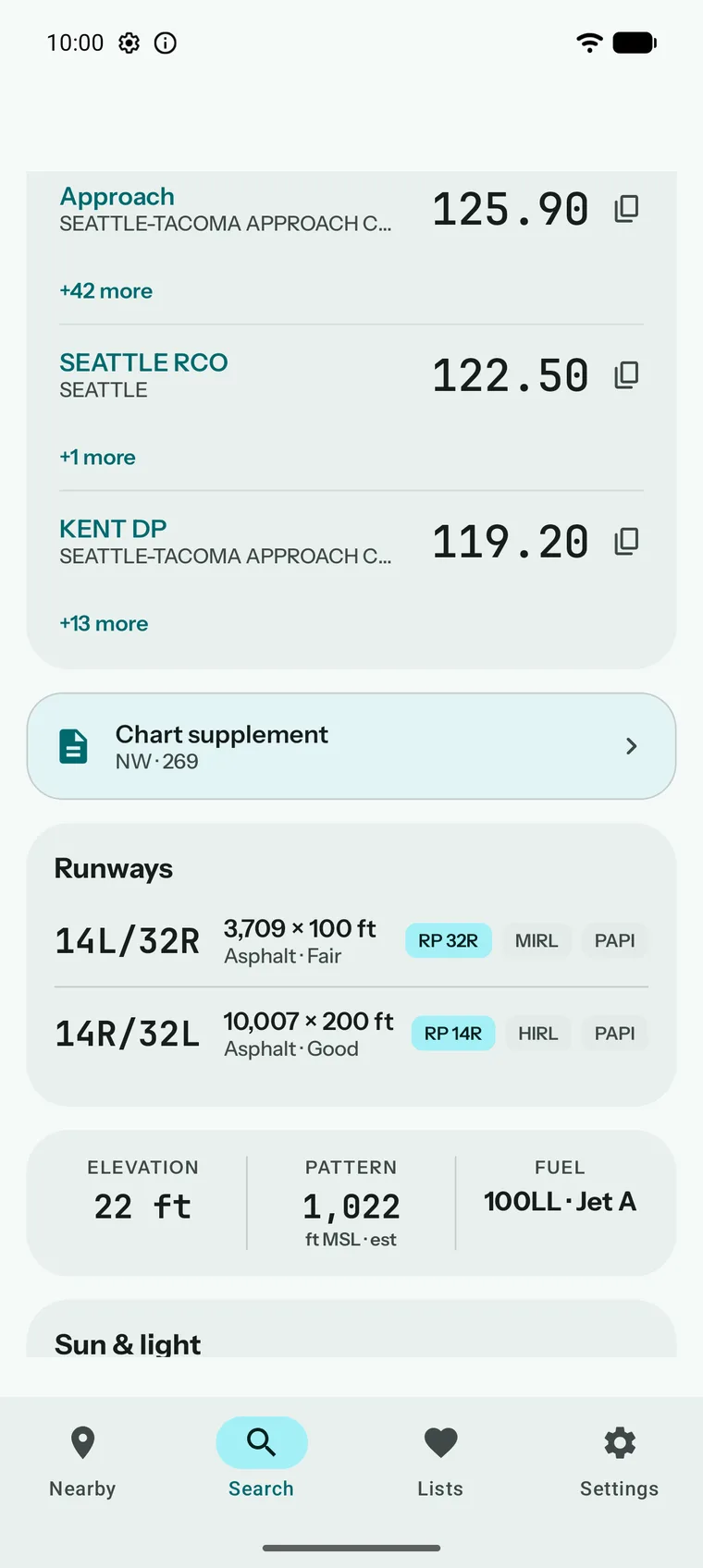Further down the same airport screen — approach and radio frequencies, a link to the chart supplement, then each runway's length, surface, condition, right-pattern flag and lighting above field elevation, pattern altitude and fuel.