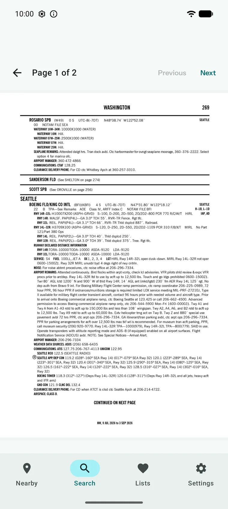 Page one of two of the FAA chart supplement rendered in the app, with previous and next controls, open at the Washington page that carries the Boeing Field entry.